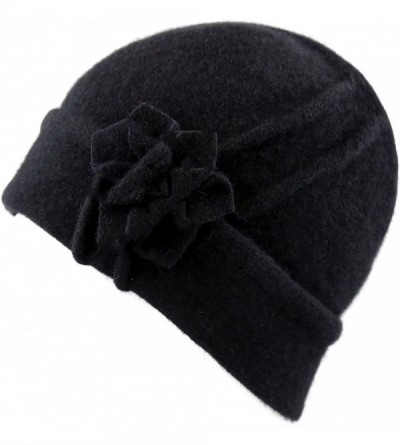 Skullies & Beanies Women's 100% Wool Skull Cap with Flower Decoration - Black - CH126ONGZ2P $10.23
