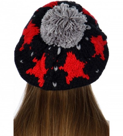 Skullies & Beanies Women Knit Beret Beanie Hat with Pompom Cute Soft Slouchy Ribbed Handmade Warm Winter Cap - Hearts Black -...