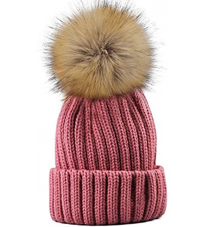 Skullies & Beanies Knitted Warm Winter Slouchy Beanie Hats with Faux Fur Pom Pom Hat Chunky Slouchy Ski Cap - Pink - CF188HTN...