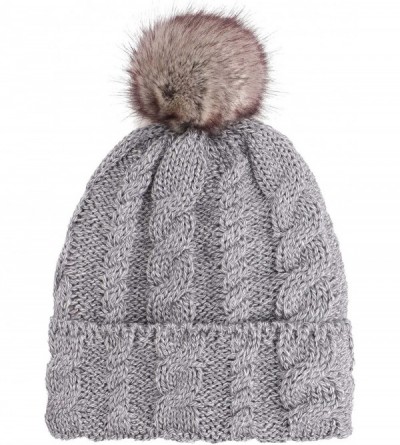 Skullies & Beanies Men & Women's Luxurious Faux Fur Pompom Thick Cable Cap Knit Skull Ski Cap Winter Beanie Hat - X-grey1 - C...
