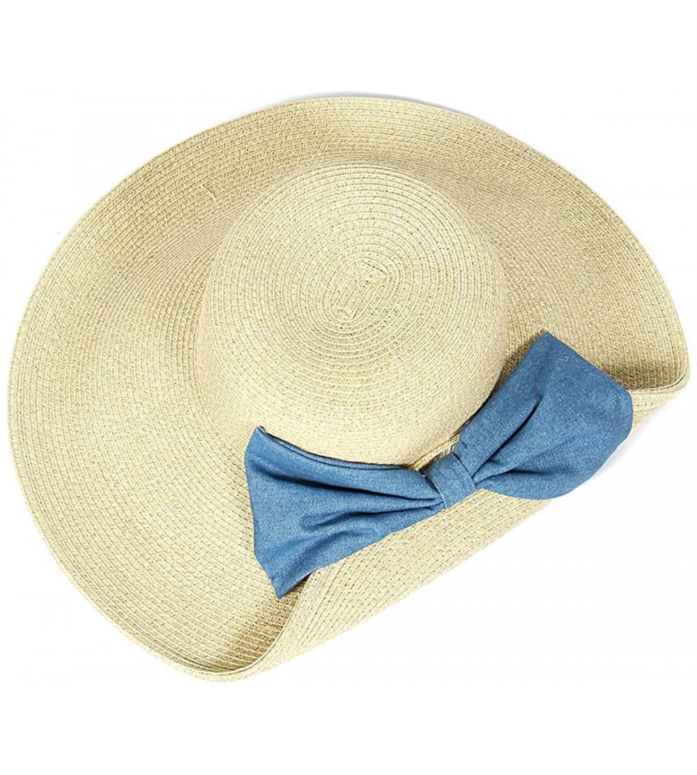 Sun Hats Beach Hats for Women Wide Brim Summer Sun hat- Floppy Paper Straw Foldable Packable - Ribbon Light Natural - CQ18ER4...