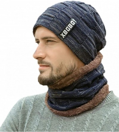 Skullies & Beanies Mens Winter Knitting Wool Warm Hat Daily Slouchy Hats Beanie Skull Cap - Navy(hat+scarf) - CI18LDMQSTK $11.76