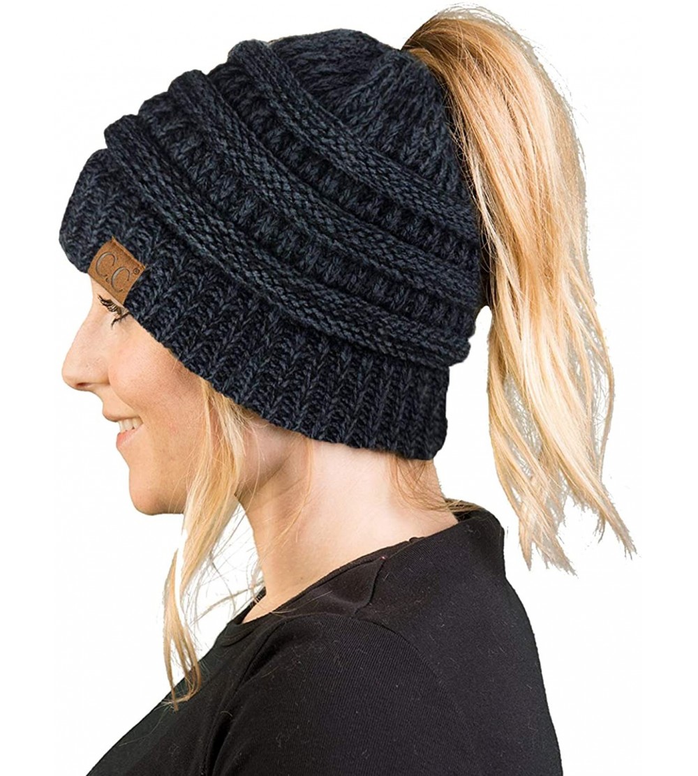 Skullies & Beanies Women's Beanie Ponytail Messy Bun BeanieTail Multi Color Ribbed Hat Cap - An Onyx Black Tricolor Mix - CG1...