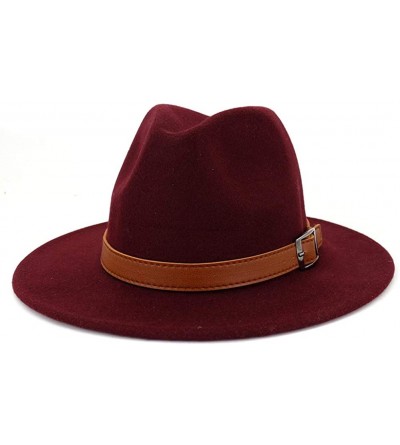 Fedoras Women Wide Brim Wool Fedora Panama Hat with Belt Buckle - X-wine - CR18XS8RZ5M $20.65