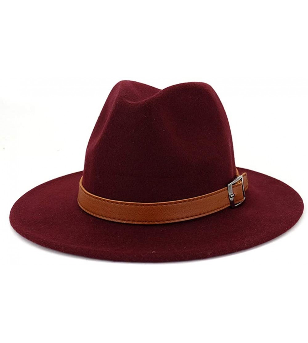 Fedoras Women Wide Brim Wool Fedora Panama Hat with Belt Buckle - X-wine - CR18XS8RZ5M $8.26