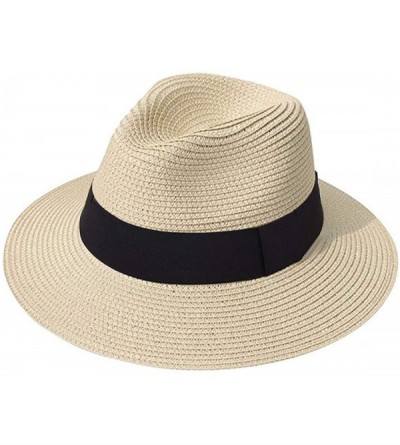 Sun Hats Womens UPF50 Foldable Summer Straw Hat Wide Brim Fedora Sun Beach hat - Style A-khaki - CR189W2YM2R $12.59