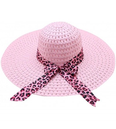 Sun Hats Women Lady Leopard Ribbon Mesh Wide Brim Floppy Beach Hat Straw Hat Sun Hat - Pink - CR18OQS9T5Z $9.87