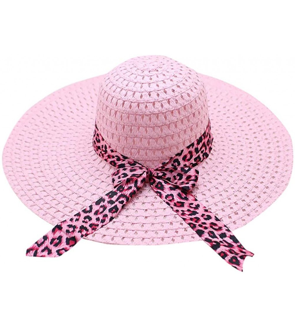 Sun Hats Women Lady Leopard Ribbon Mesh Wide Brim Floppy Beach Hat Straw Hat Sun Hat - Pink - CR18OQS9T5Z $9.87