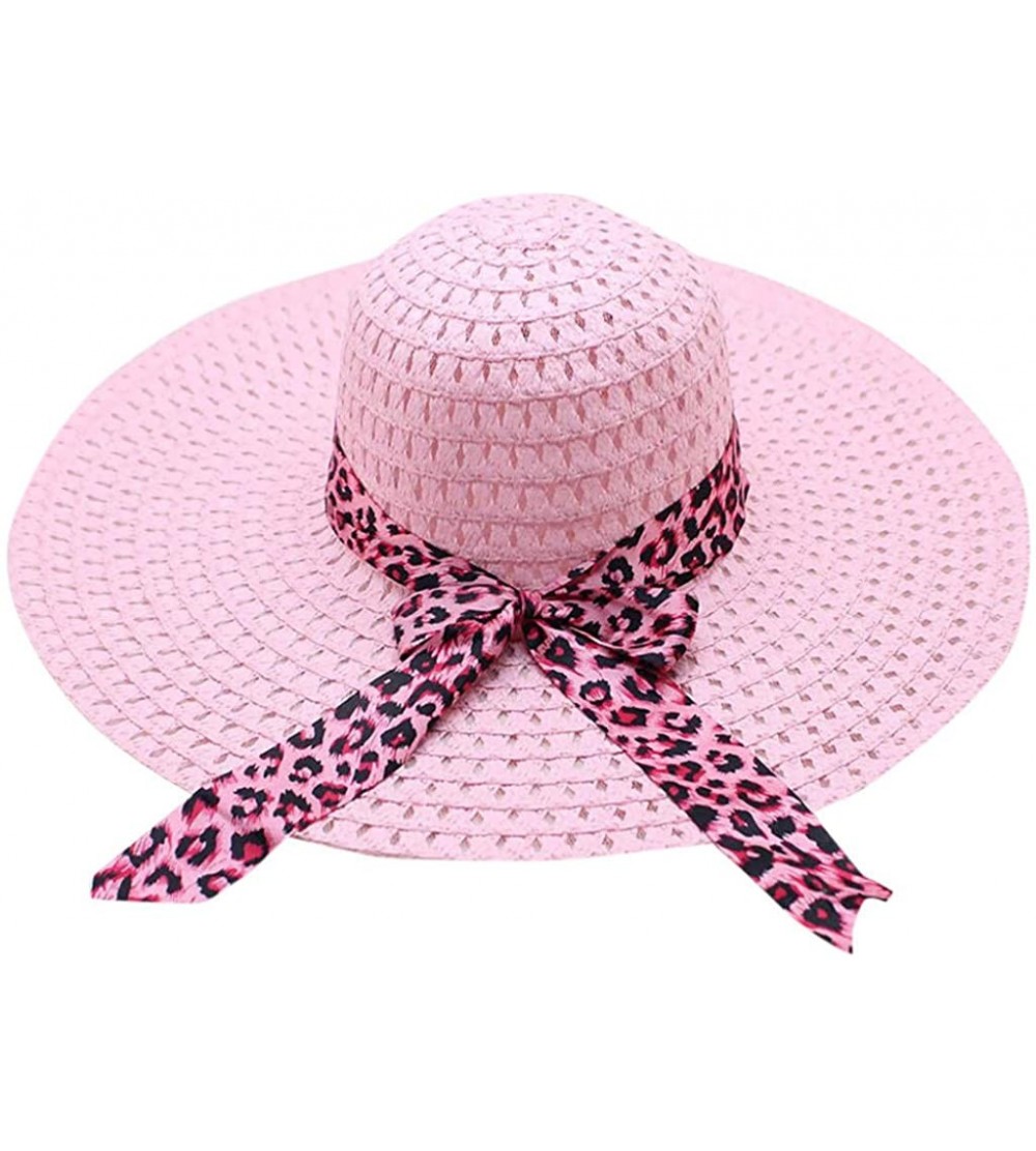 Sun Hats Women Lady Leopard Ribbon Mesh Wide Brim Floppy Beach Hat Straw Hat Sun Hat - Pink - CR18OQS9T5Z $9.87