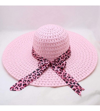 Sun Hats Women Lady Leopard Ribbon Mesh Wide Brim Floppy Beach Hat Straw Hat Sun Hat - Pink - CR18OQS9T5Z $9.87