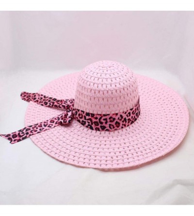 Sun Hats Women Lady Leopard Ribbon Mesh Wide Brim Floppy Beach Hat Straw Hat Sun Hat - Pink - CR18OQS9T5Z $9.87