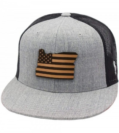 Baseball Caps 'Oregon Patriot' Leather Patch Hat Flat Trucker - Heather Grey/Black - C618IGR59ZO $24.61