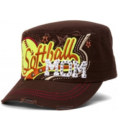 Baseball Caps Softball Mom Distressed Adjustable Cadet Cap - Brown - CD11O29ERAP $13.67