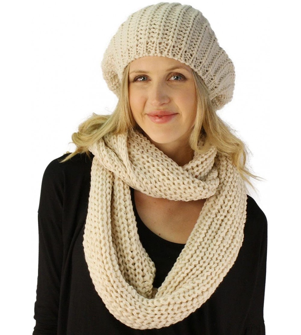 Berets Ladies 2pc Winter Knit Beret Tam Beaniel Hat Long Infinity Scarf Solid Set - Beige - CO11P5F7A09 $17.83