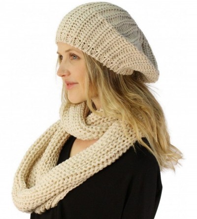 Berets Ladies 2pc Winter Knit Beret Tam Beaniel Hat Long Infinity Scarf Solid Set - Beige - CO11P5F7A09 $17.83