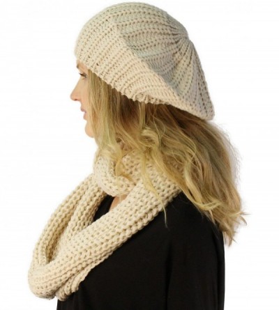 Berets Ladies 2pc Winter Knit Beret Tam Beaniel Hat Long Infinity Scarf Solid Set - Beige - CO11P5F7A09 $17.83