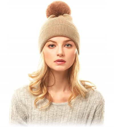 Skullies & Beanies Me Plus Women Fashion Fall Winter Soft Cable Knitted Faux Fur Pom Pom Beanie Hat - Shiny Metallic - Gold -...