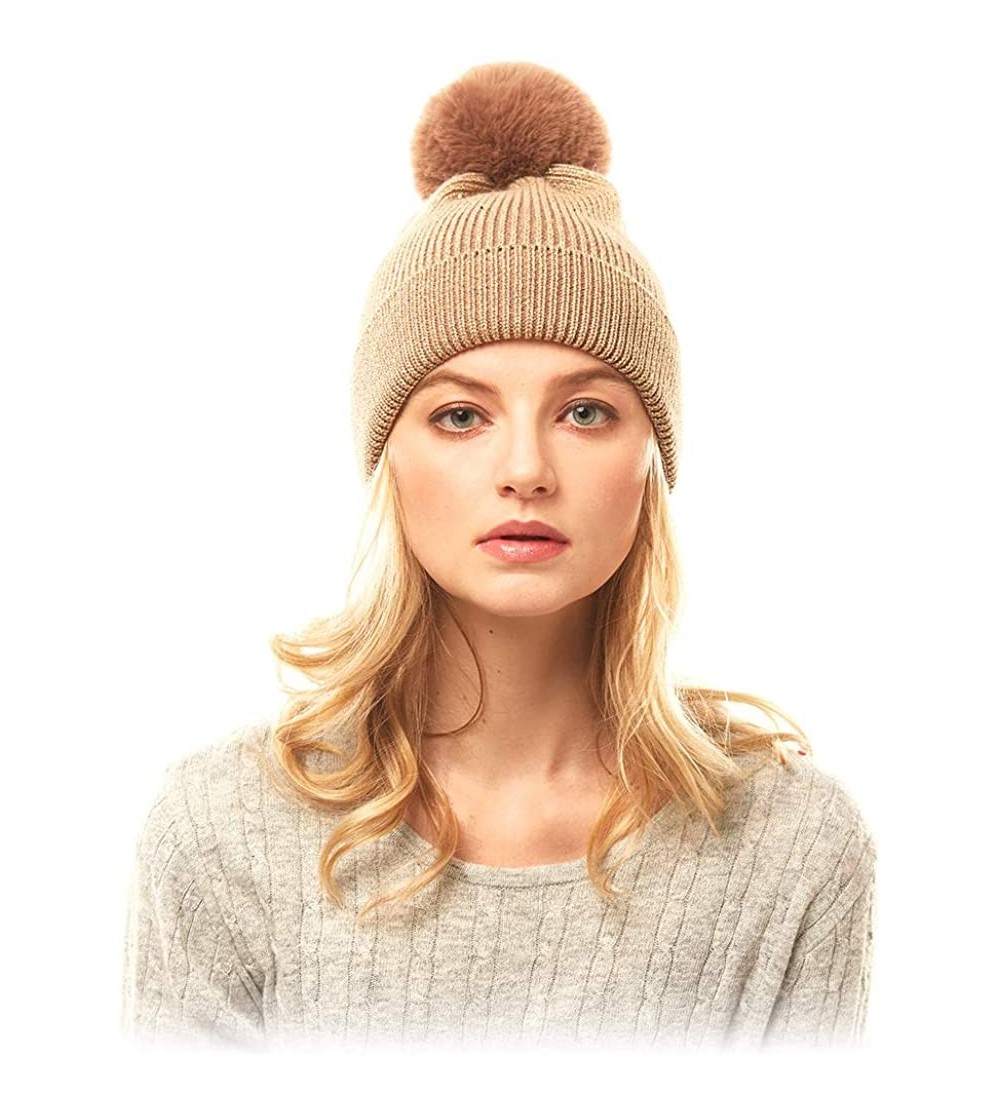 Skullies & Beanies Me Plus Women Fashion Fall Winter Soft Cable Knitted Faux Fur Pom Pom Beanie Hat - Shiny Metallic - Gold -...
