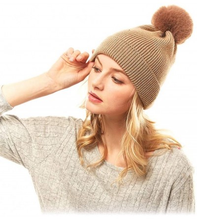 Skullies & Beanies Me Plus Women Fashion Fall Winter Soft Cable Knitted Faux Fur Pom Pom Beanie Hat - Shiny Metallic - Gold -...