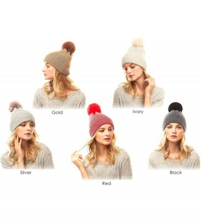 Skullies & Beanies Me Plus Women Fashion Fall Winter Soft Cable Knitted Faux Fur Pom Pom Beanie Hat - Shiny Metallic - Gold -...