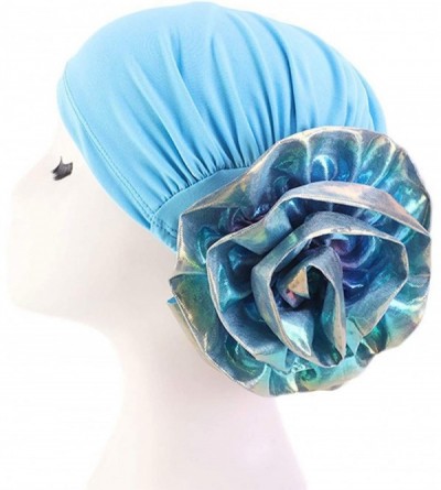 Sun Hats Shiny Turban Hat Headwraps Twist Pleated Hair Wrap Stretch Turban - Lake Blue - CO18Y23YL8M $10.47