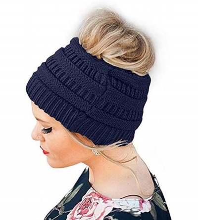 Skullies & Beanies Unisex Fashion Bun Ponytail Soft Stretch Winter Beanie Tail Hat Hats & Caps - Navy Blue - CH18ADAG8Y4 $19.98