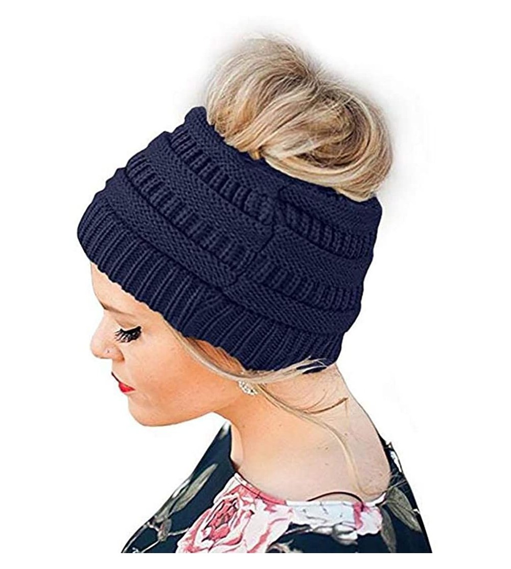 Skullies & Beanies Unisex Fashion Bun Ponytail Soft Stretch Winter Beanie Tail Hat Hats & Caps - Navy Blue - CH18ADAG8Y4 $19.98