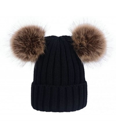 Skullies & Beanies Winter Women's Winter Knit Wool Beanie Hat with Double Faux Fur Pom Pom Ears - Black - CJ186R0TOQY $16.37