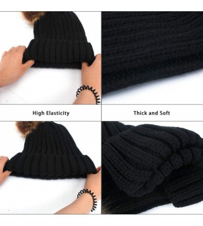 Skullies & Beanies Winter Women's Winter Knit Wool Beanie Hat with Double Faux Fur Pom Pom Ears - Black - CJ186R0TOQY $16.37