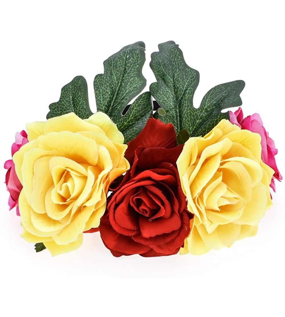 Headbands Day of The Dead Headband Costume Rose Flower Crown Mexican Headpiece BC40 - Rose Yellow Leaf - CV180H2XGDM $8.81