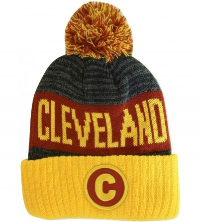 Skullies & Beanies Cleveland C Patch Ribbed Cuff Knit Winter Hat Pom Beanie - Gold/Wine Patch - CI188LER6KH $11.87