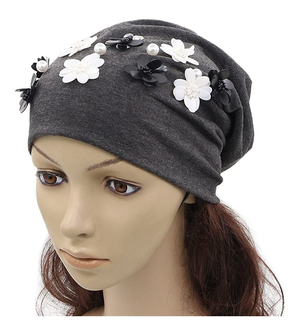 Skullies & Beanies Spaikling Pearl Hat Slouch Beanie Cap with Black White Flowers - Dark Grey - CT18D9I4YZM $13.09