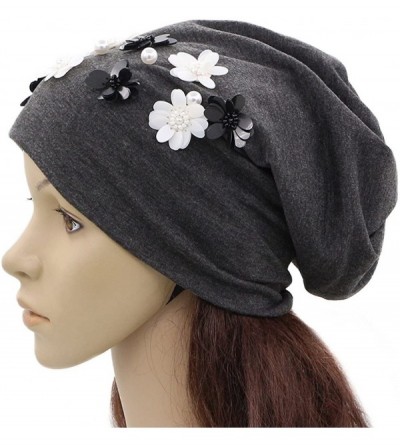 Skullies & Beanies Spaikling Pearl Hat Slouch Beanie Cap with Black White Flowers - Dark Grey - CT18D9I4YZM $13.09