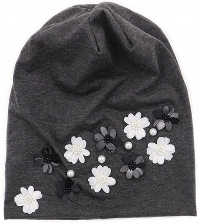 Skullies & Beanies Spaikling Pearl Hat Slouch Beanie Cap with Black White Flowers - Dark Grey - CT18D9I4YZM $13.09