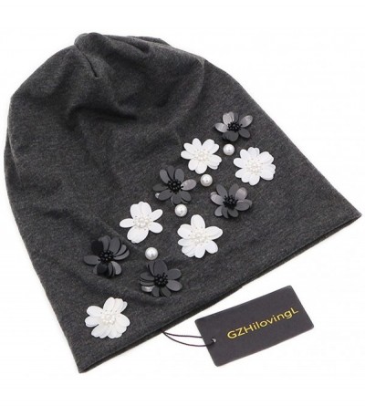 Skullies & Beanies Spaikling Pearl Hat Slouch Beanie Cap with Black White Flowers - Dark Grey - CT18D9I4YZM $13.09