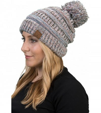 Skullies & Beanies Chunky Marled Cable Knit Warm Soft Multicolored Pom Beanie Hat - 4 Tone Mix - Rose- Denim- Ivory- Olive - ...