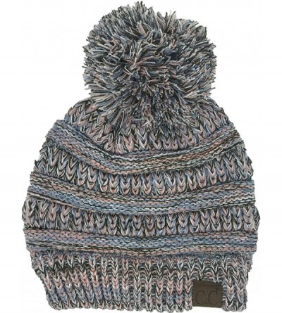 Skullies & Beanies Chunky Marled Cable Knit Warm Soft Multicolored Pom Beanie Hat - 4 Tone Mix - Rose- Denim- Ivory- Olive - ...