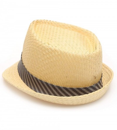 Fedoras Men's Summer Lightweight Paper Straw Short Brim Trilby Fedora Hat with Band - Natural With Striped Band - CD18OAYTDA8...