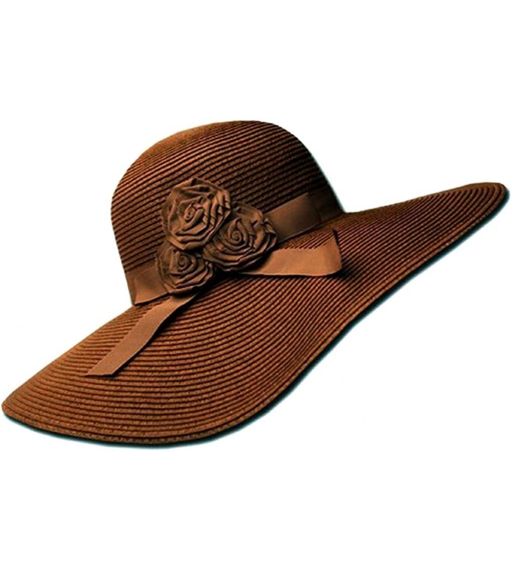 Sun Hats Womens UPF 50+ 100% Paper Straw Ribbon Flower Accent Wide Brim Floppy Hat - Brown - CC1190EY8F7 $30.11