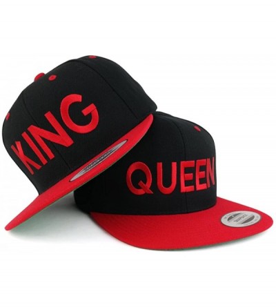 Baseball Caps King and Queen Two Tone Embroidered Flat Bill Snapback Cap - 2pc Set - Black Red - CG17YX4KRLQ $33.49