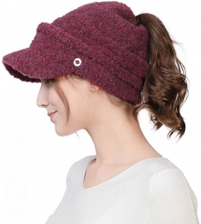 Skullies & Beanies Womens Knit Visor Beanie Newsboy Cap Winter Warm Hat Cold Snow Weather Girl 55-60cm - 99733-burgundy - CV1...