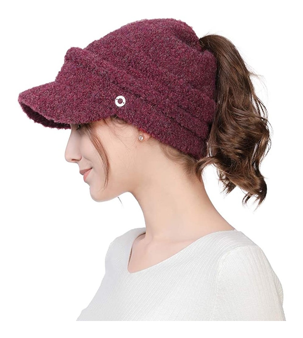 Skullies & Beanies Womens Knit Visor Beanie Newsboy Cap Winter Warm Hat Cold Snow Weather Girl 55-60cm - 99733-burgundy - CV1...