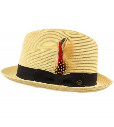 Fedoras Men's Light Removable Feather Derby Fedora Wide Curled Brim Hat - Natural - CC17YQRKZOL $16.31