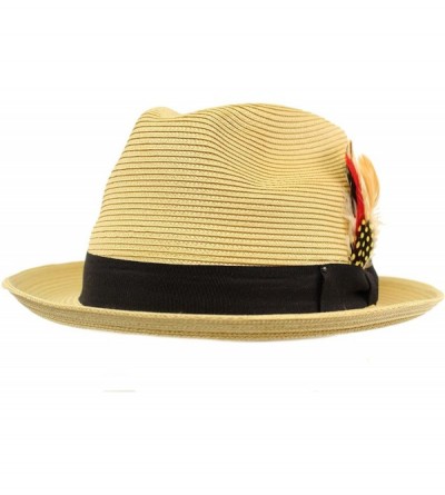 Fedoras Men's Light Removable Feather Derby Fedora Wide Curled Brim Hat - Natural - CC17YQRKZOL $16.31