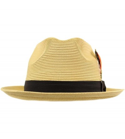 Fedoras Men's Light Removable Feather Derby Fedora Wide Curled Brim Hat - Natural - CC17YQRKZOL $16.31