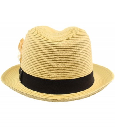 Fedoras Men's Light Removable Feather Derby Fedora Wide Curled Brim Hat - Natural - CC17YQRKZOL $16.31