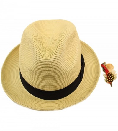 Fedoras Men's Light Removable Feather Derby Fedora Wide Curled Brim Hat - Natural - CC17YQRKZOL $16.31