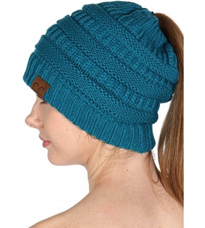 Skullies & Beanies Beanie Ponytail Beanie Messy bun Beanie Soft Warm Cable Winter Chunky Skull Cap - Solid Teal - C9188OOW0N7...