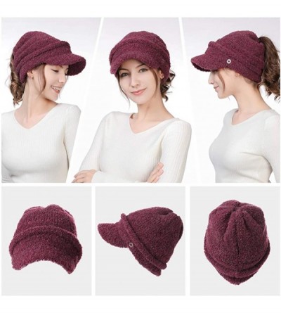 Skullies & Beanies Womens Knit Visor Beanie Newsboy Cap Winter Warm Hat Cold Snow Weather Girl 55-60cm - 99733-burgundy - CV1...