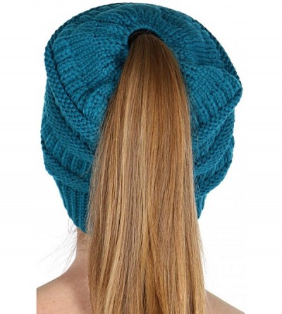 Skullies & Beanies Beanie Ponytail Beanie Messy bun Beanie Soft Warm Cable Winter Chunky Skull Cap - Solid Teal - C9188OOW0N7...